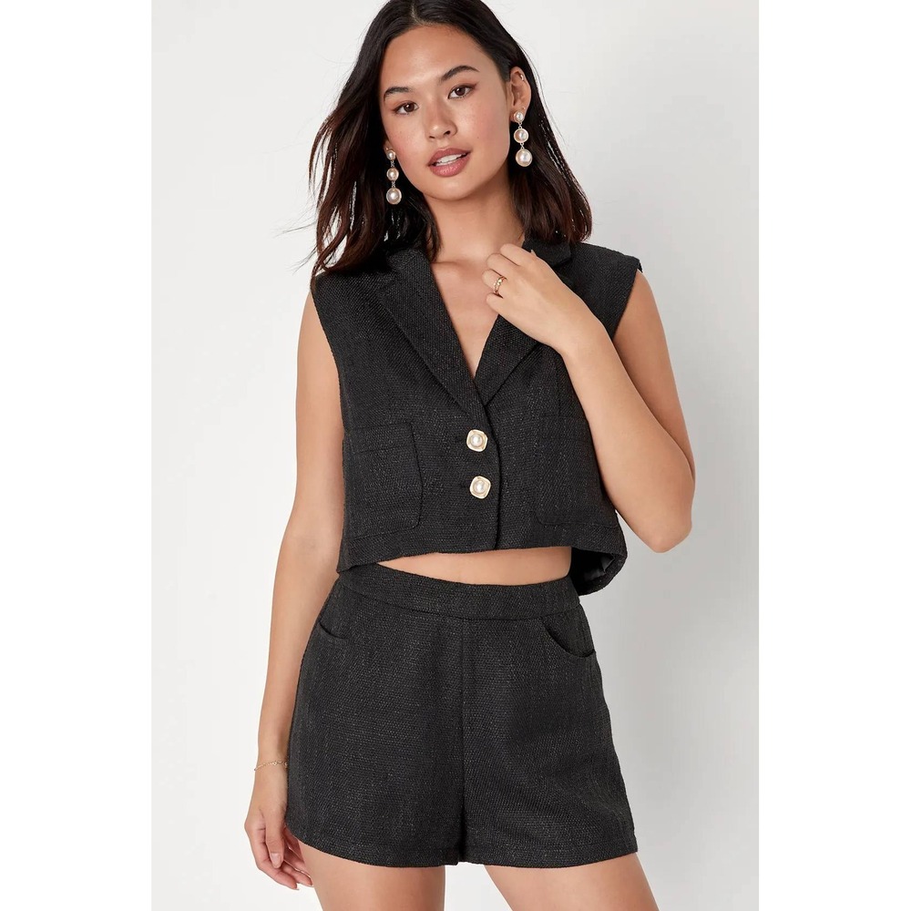 Lulus Perfect Company Black Tweed High Waisted Shorts Size Medium